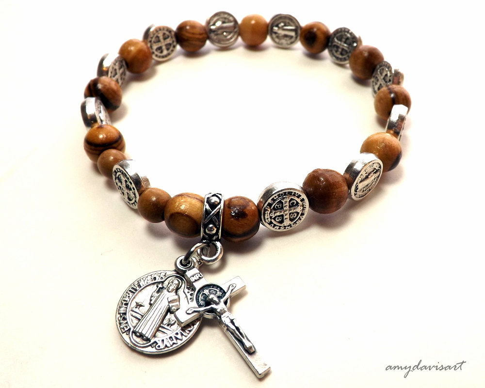 St Benedict Rosary Bracelet Handmade With Olive Wood Beads Amy St Benedict Rosary Bracelet Handmade With Olive Wood Beads Amy Davis Art