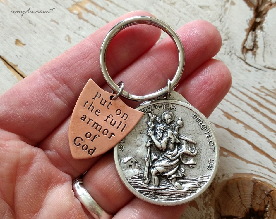 St Christopher Keychain with Put on the Full Armor of God Shield Amy