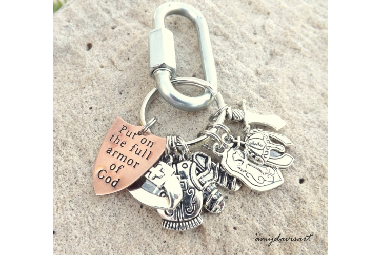 Full Armor of God Christian Keychain with hand stamped copper shield