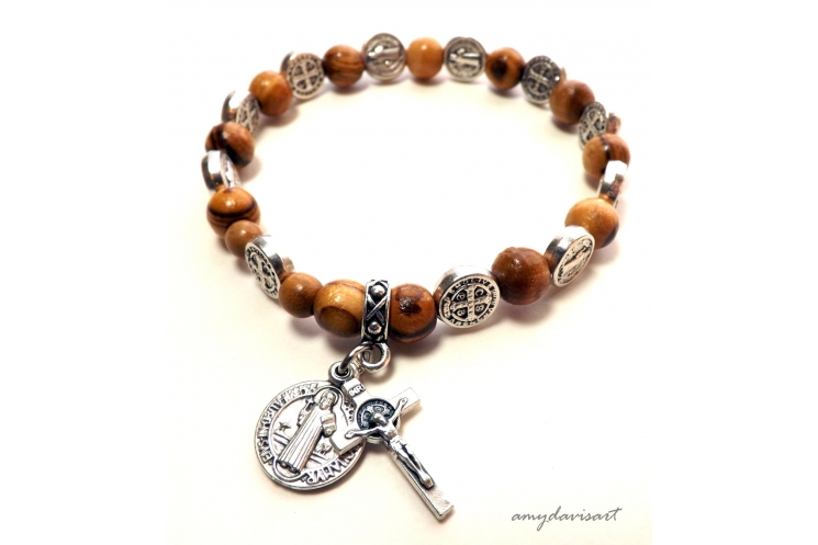 St Benedict Wrist Rosary with Olive Wood Beads