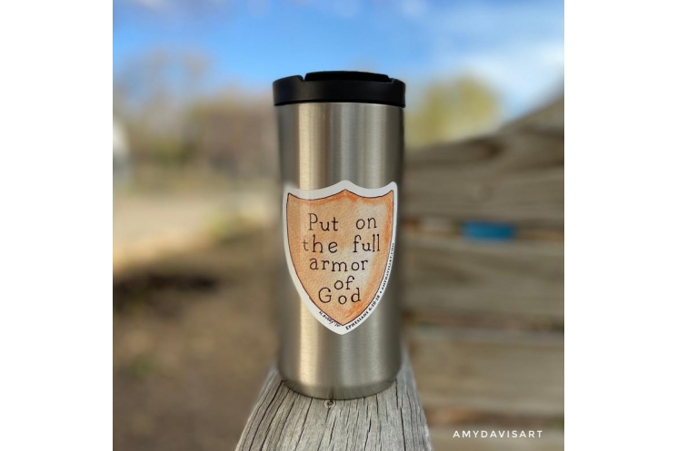 Armor of God Sticker shown on tumbler