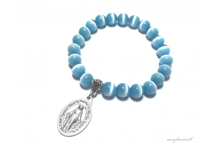 Miraculous Medal Bracelet with turquoise blue cat's eye beads