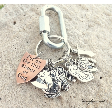 Full Armor of God Christian Keychain with hand stamped copper shield