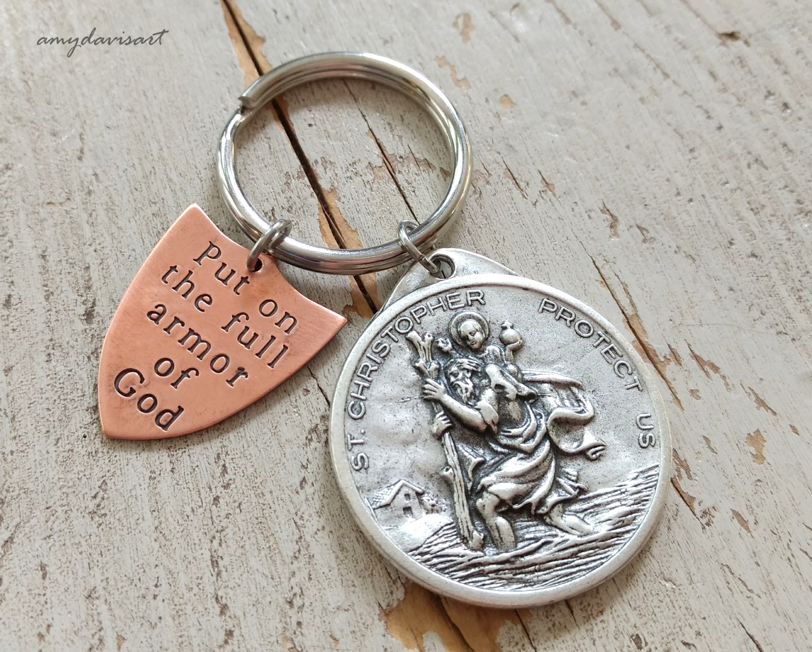 St Christopher Keychain with Put on the Full Armor of God Shield Amy