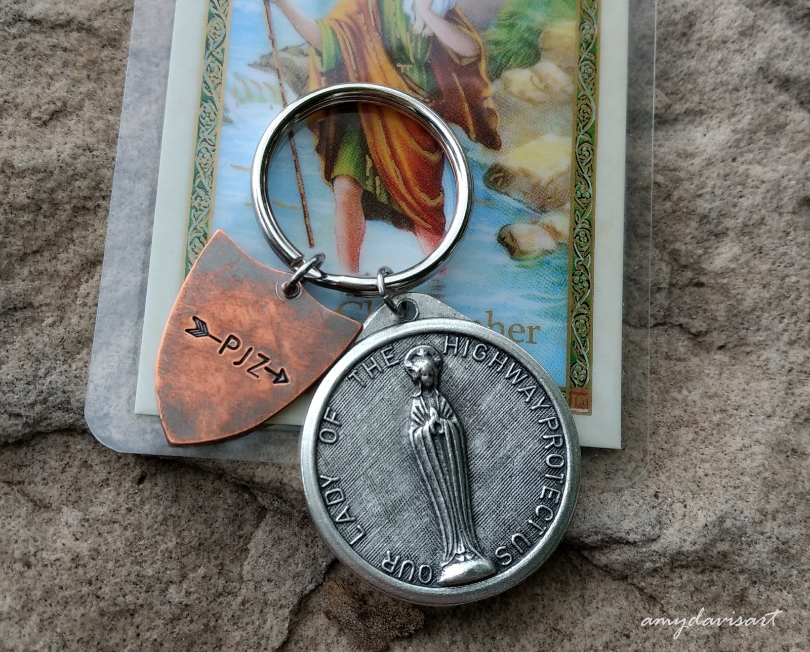 St Christopher Keychain with Put on the Full Armor of God Shield Amy Davis Art