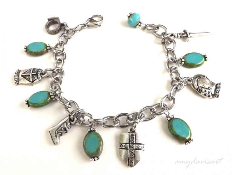 Christian Charm Bracelet with oval Czech Glass Beads in Turquoise (15.05)