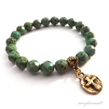 Gold Tone Cross Bracelet with Turquoise Green Beads ~ Christian Cross Jewelry for Women