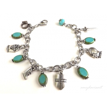 Christian Charm Bracelet with oval Czech Glass Beads in Turquoise (15.05)