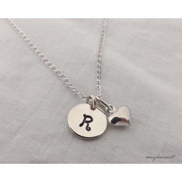 Dainty initial charm necklace with cross, heart or ichthus charm choice (Handstamped Christian Jewelry)