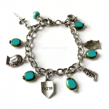 Put on the Full Armor of God Christian Charm Bracelet with Turquoise Czech Glass Beads