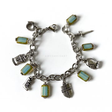 Ephesians 6 Christian Charm Bracelet "Put on the Full Armor of God" with Aquamarine Czech Glass Picasso Beads