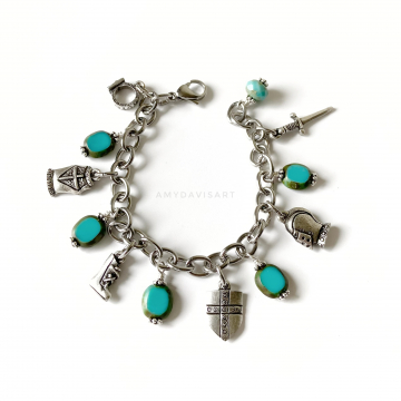 Put on the Full Armor of God Christian Charm Bracelet with Turquoise Czech Glass Beads