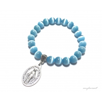 Miraculous Medal Bracelet with Turquoise Blue Cat's Eye Beads (Catholic Jewelry for Her)