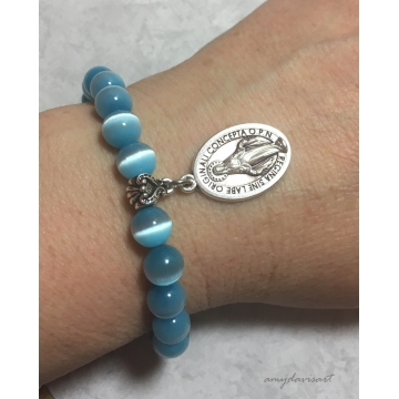 Miraculous Medal Bracelet with Turquoise Blue Cat's Eye Beads (Catholic Jewelry for Her)