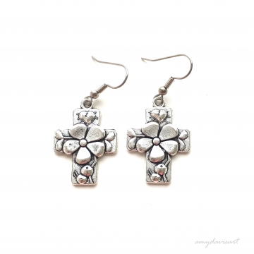 Silver Cross Earrings with Flower ~ Hail Mary Ave Maria ~ Catholic Jewelry ~ Comes with Hail Mary Prayer Card in English or Spanish
